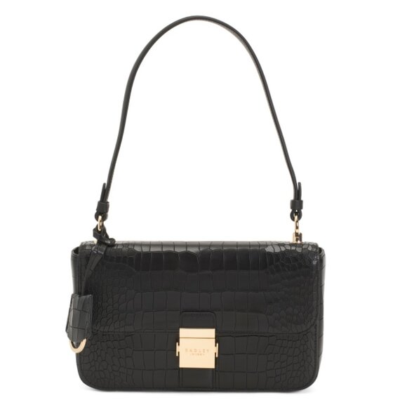 RADLEY LONDON Black Leather Hanley Close Faux Croc Medium Flapover Shoulder Bag